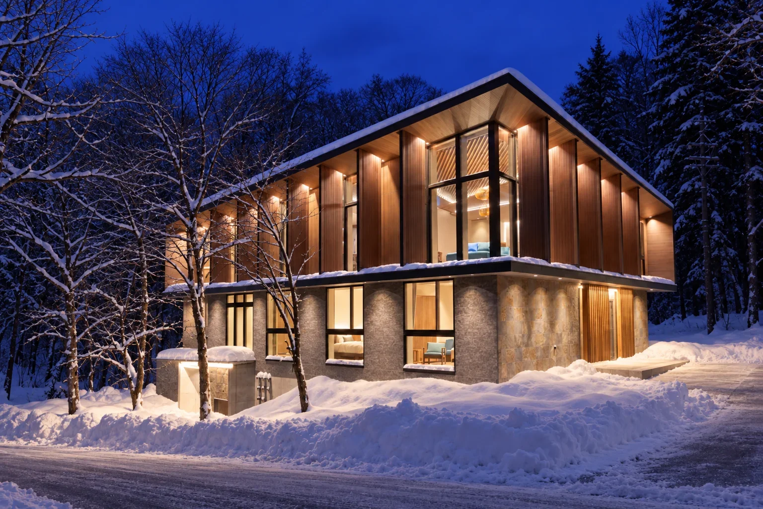 A timber and stone house at dusk, in snow